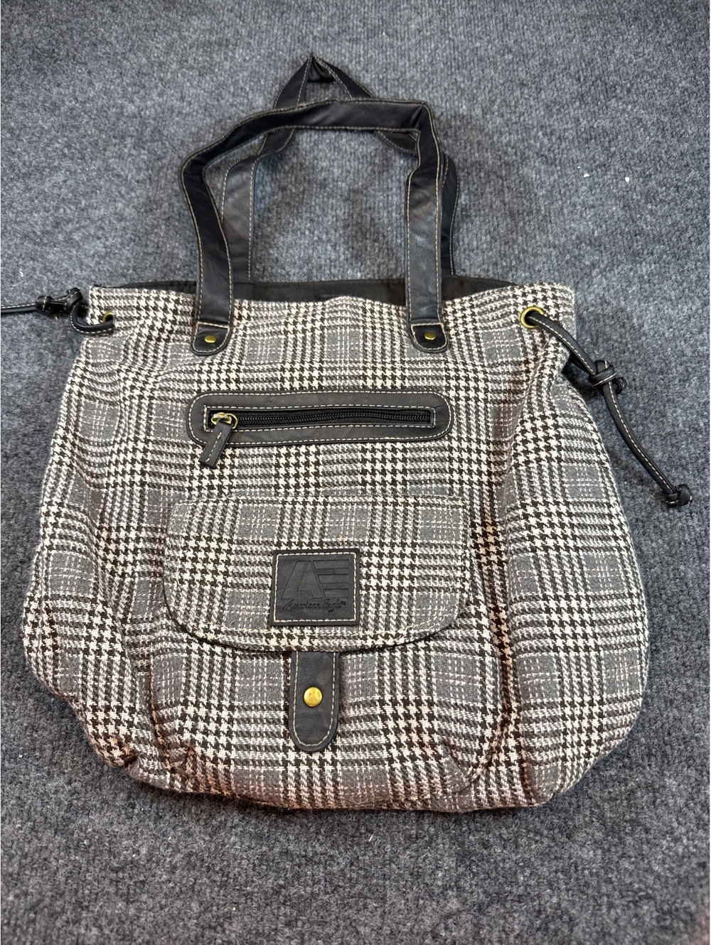American Eagle Women’s Black White Plaid Tweed Tote Shoulder Bag Faux Leather